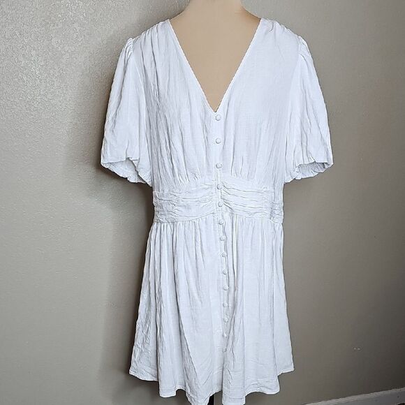 NWT LOFT 14 White Linen Blend Button Front V Neck Women's Dress - Picture 2 of 12